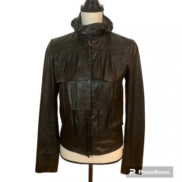 Diane Von Furstenberg Cupcake Tiered Ruffle Leather Bomber Jacket Sz-4 - Picture 1 of 9